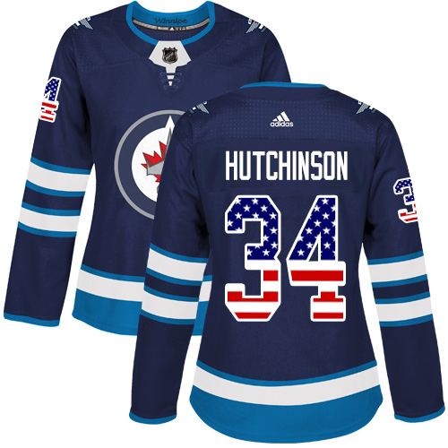 Adidas Jets #34 Michael Hutchinson Navy Blue Home Authentic USA Flag Women's Stitched NHL Jersey